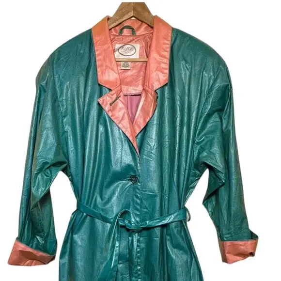 Vintage Jo Fox Boston Teal and Peach Shimmer Belted Trench Rain Coat Size Medium - Picture 2 of 8